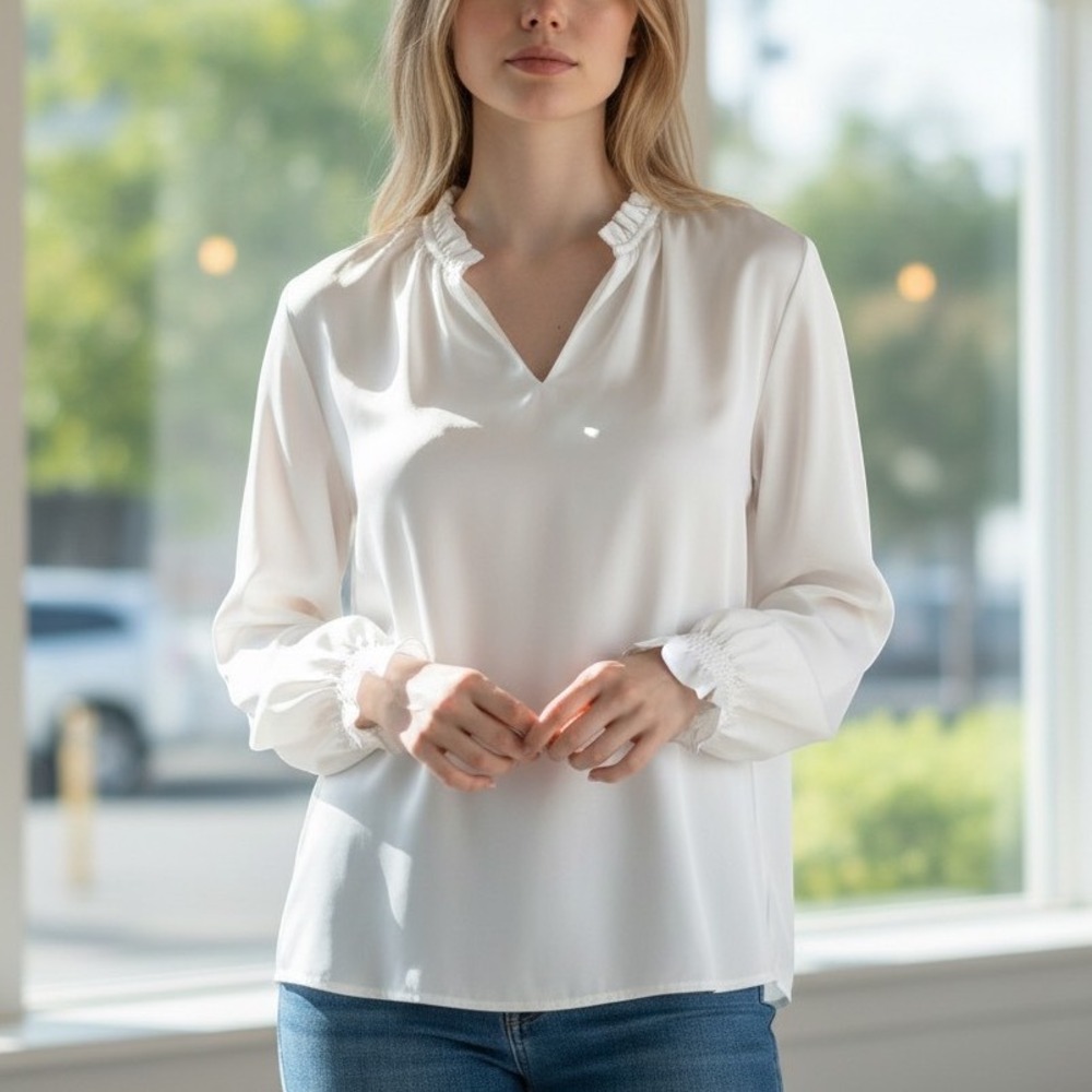 Anrabess Blouse Womens S White NWT Satin Peasant Sleeve Ruffle Neck Boho Top
